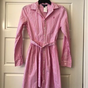 Girls pink & white polo striped belted dress